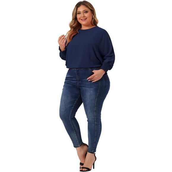 Plus Size Chiffon Tops Batwing Ruffle Elbow Sleeve Loose Shirts Navy Blue - Picture 3 of 5